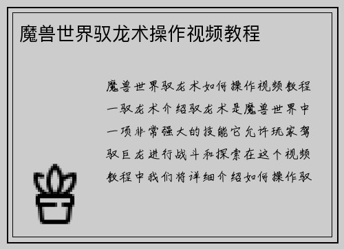 魔兽世界驭龙术操作视频教程 魔兽世界驭龙术操作视频教程