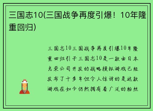 三国志10(三国战争再度引爆！10年隆重回归)
